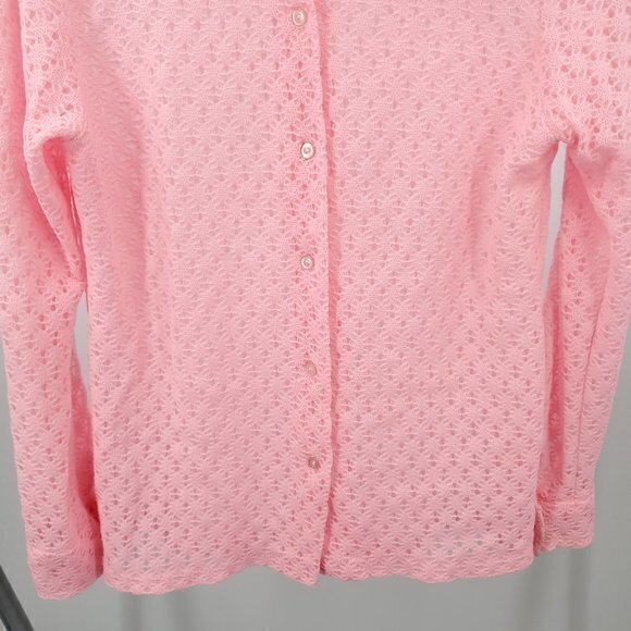 VTG 60s/70s Pink Open-Knit Button Shirt W/Dagger Collar  M/L Halloween Disco Mod - Picture 10 of 15